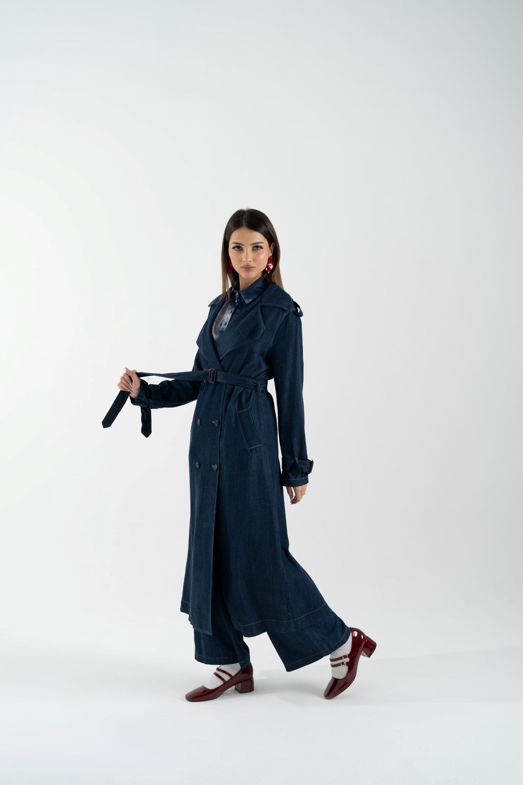 Trench denim lungo doppio petto