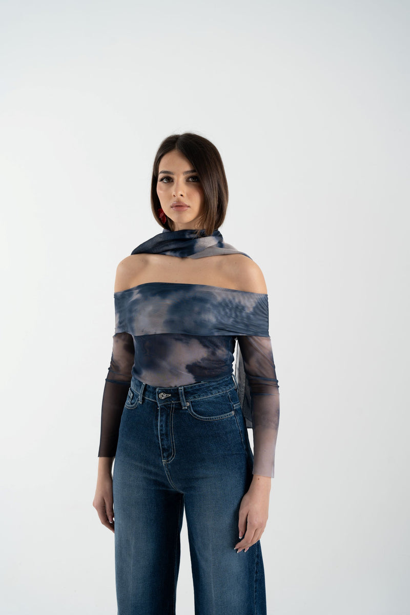 Maglia in rete fantasia con scollo bardot