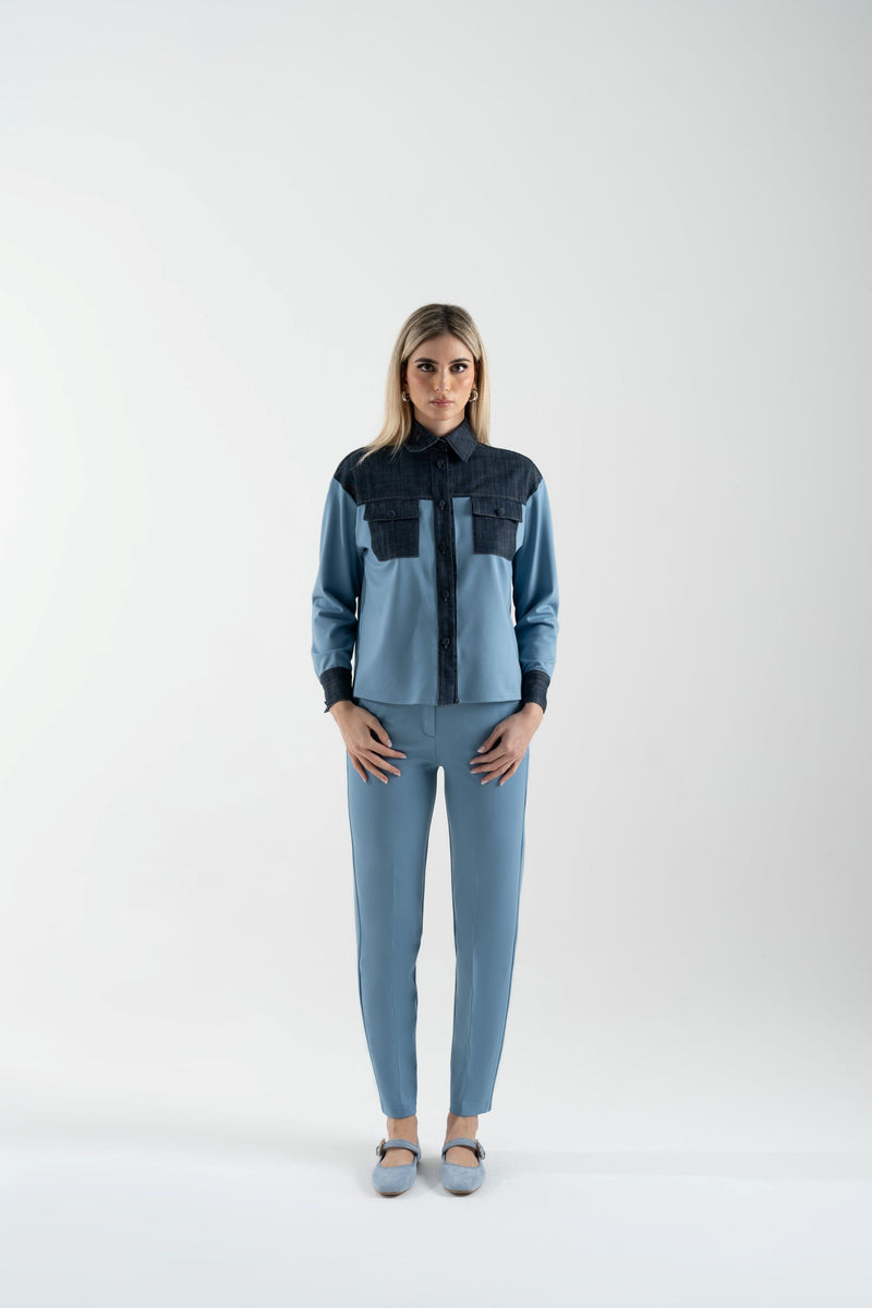 Camicia over in punto maglia con inserti in jeans