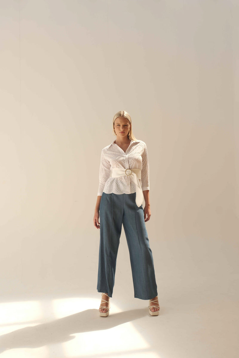 PANTALONE CON NERVIINA E ELASTICO IN CHAMBRAY