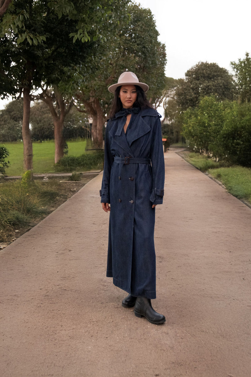 Trench denim lungo doppio petto