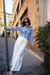 Camicia over in cotone stampa riga e fiore