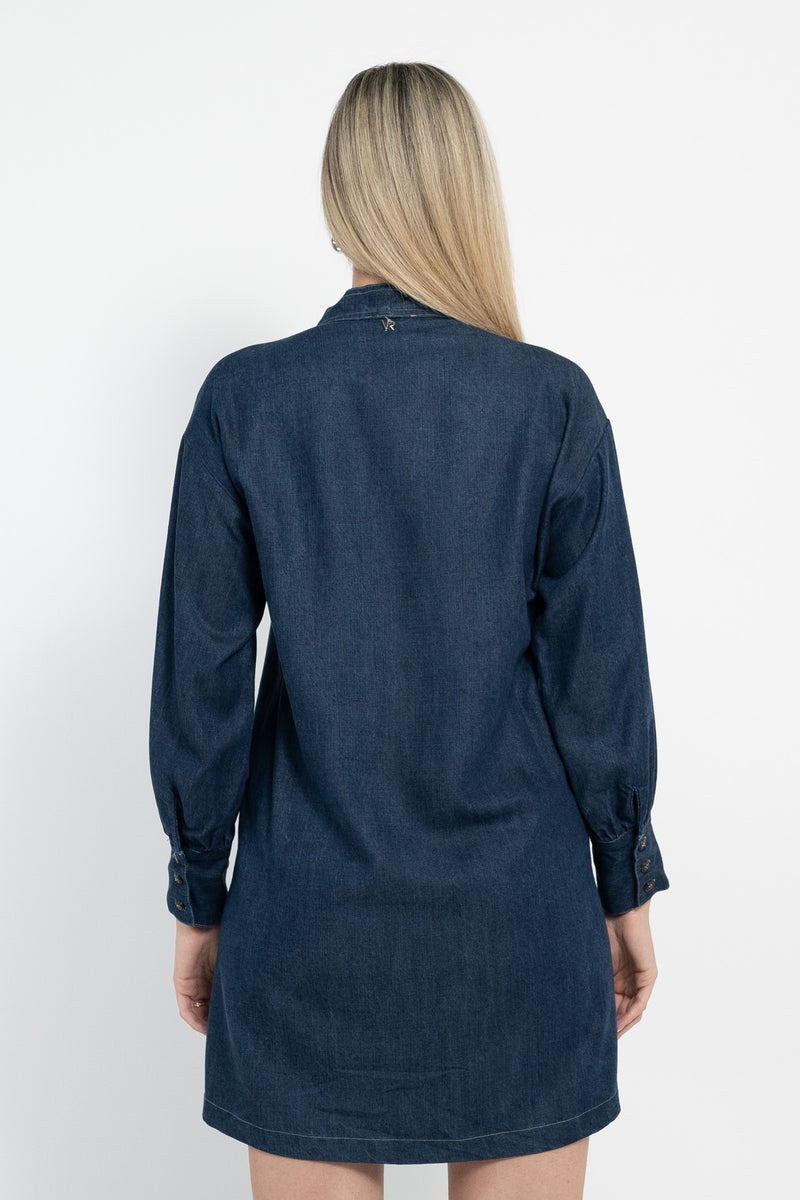 Abito in denim con scollo a V e sciarpetta