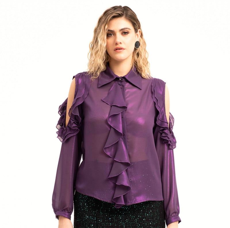 CAMICIA IN CHIFFON LAMINATO CON OMERO SCOPERTO