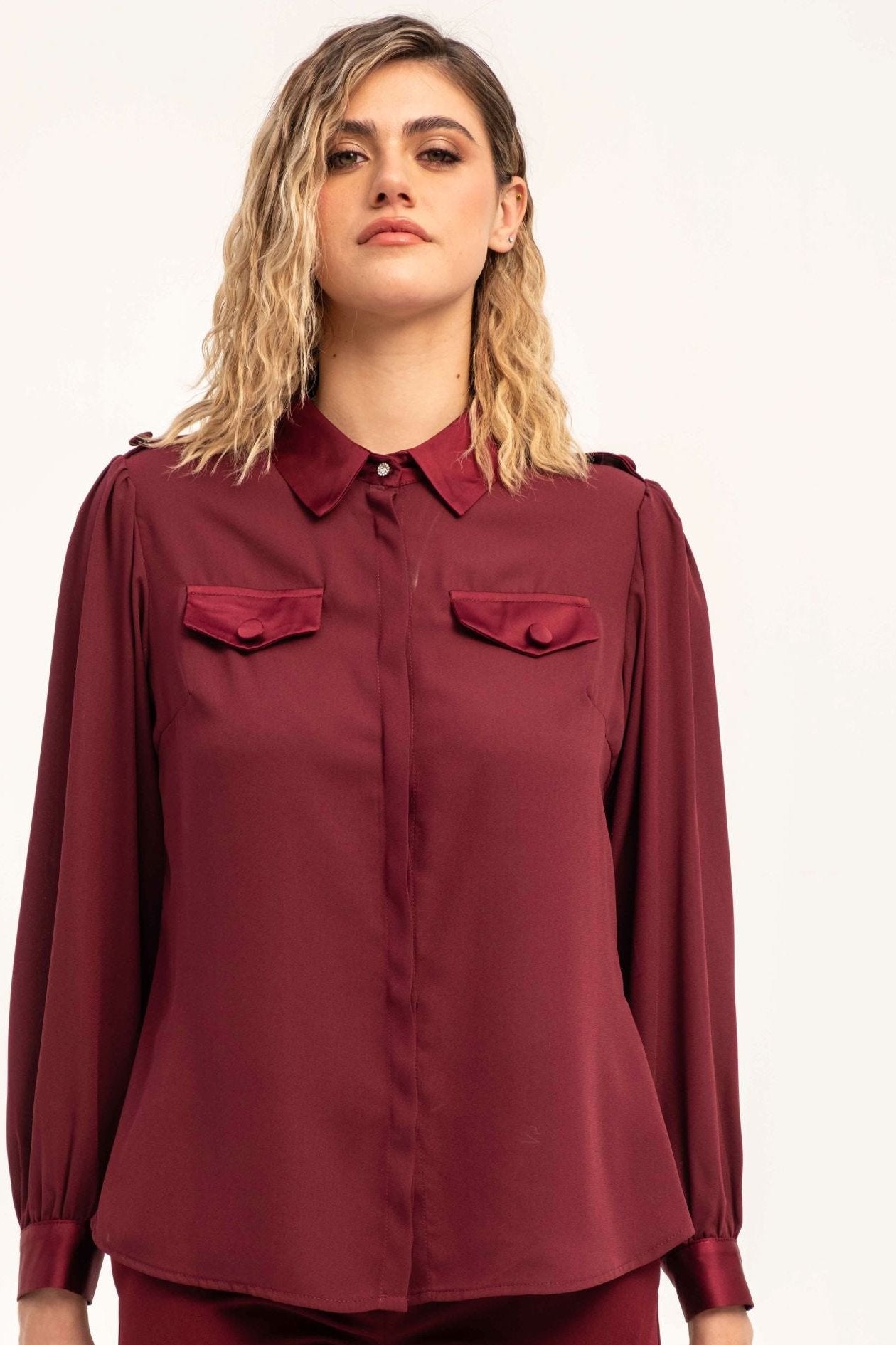 Chiffon Elegante Camicetta Chiffon Jouica Donna - Maniche A 3/4 Con Volant E Scollo A V Abbigliamento Ufficio Casual