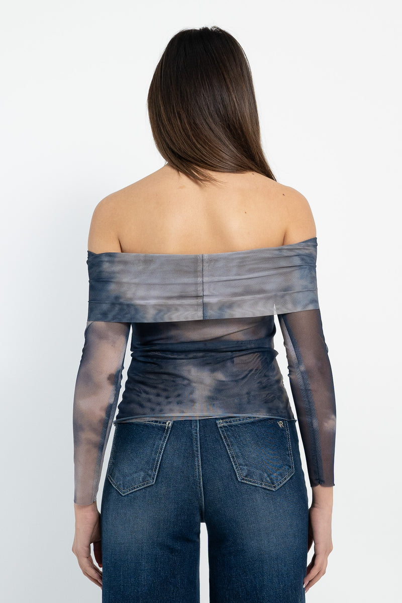 Maglia in rete fantasia con scollo bardot