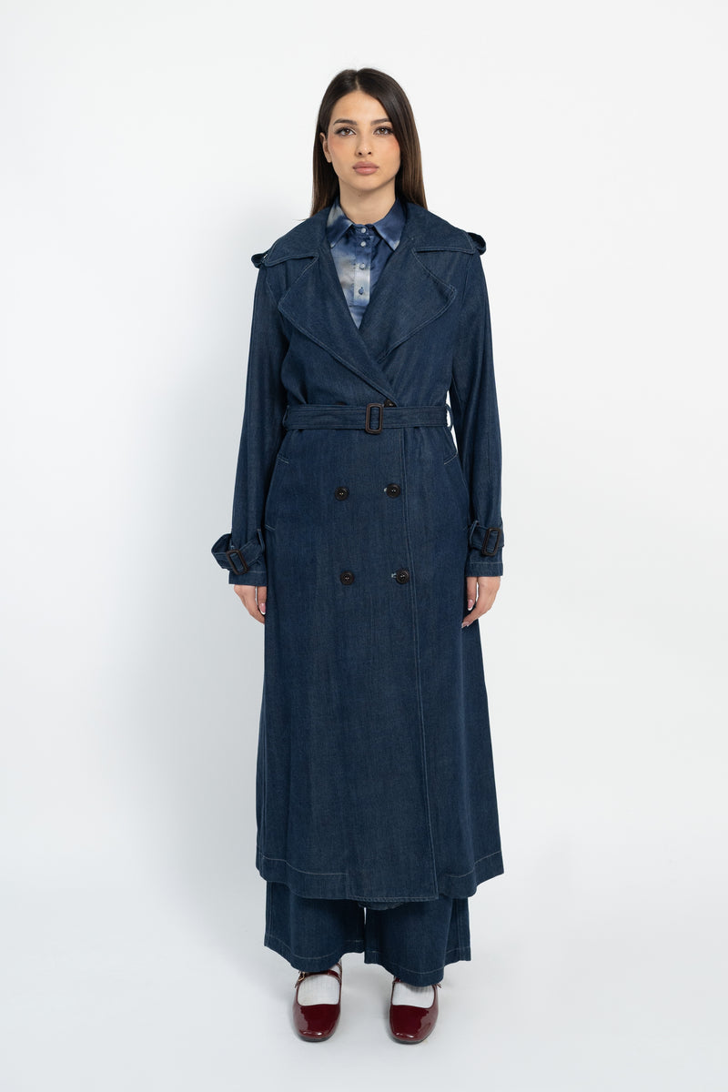 Trench denim lungo doppio petto