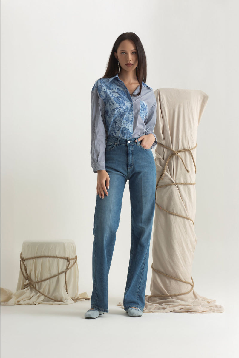 Camicia over in cotone stampa riga e fiore