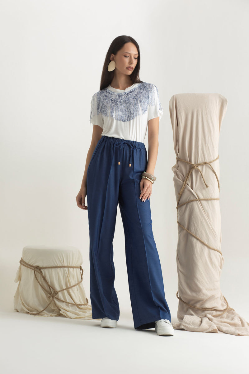 T-shirt in jersey di viscosa con frangia applicata