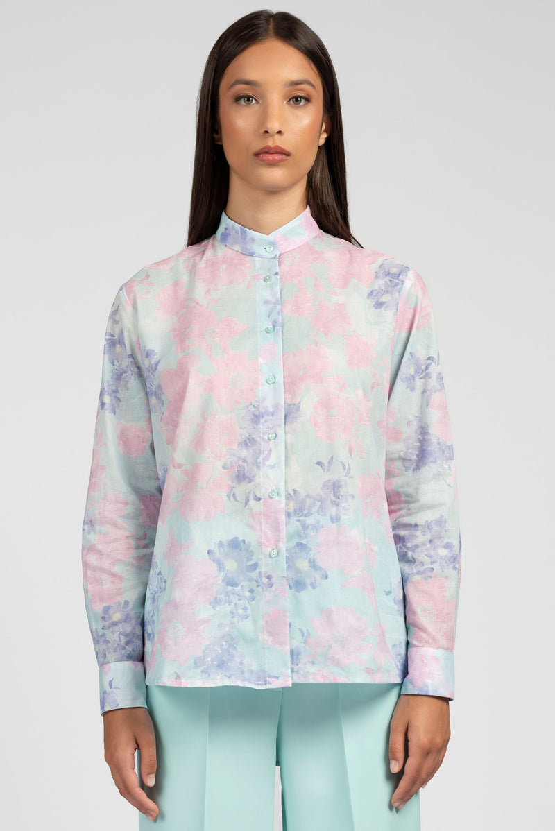 Camicia in fantasia floreale con collo coreana