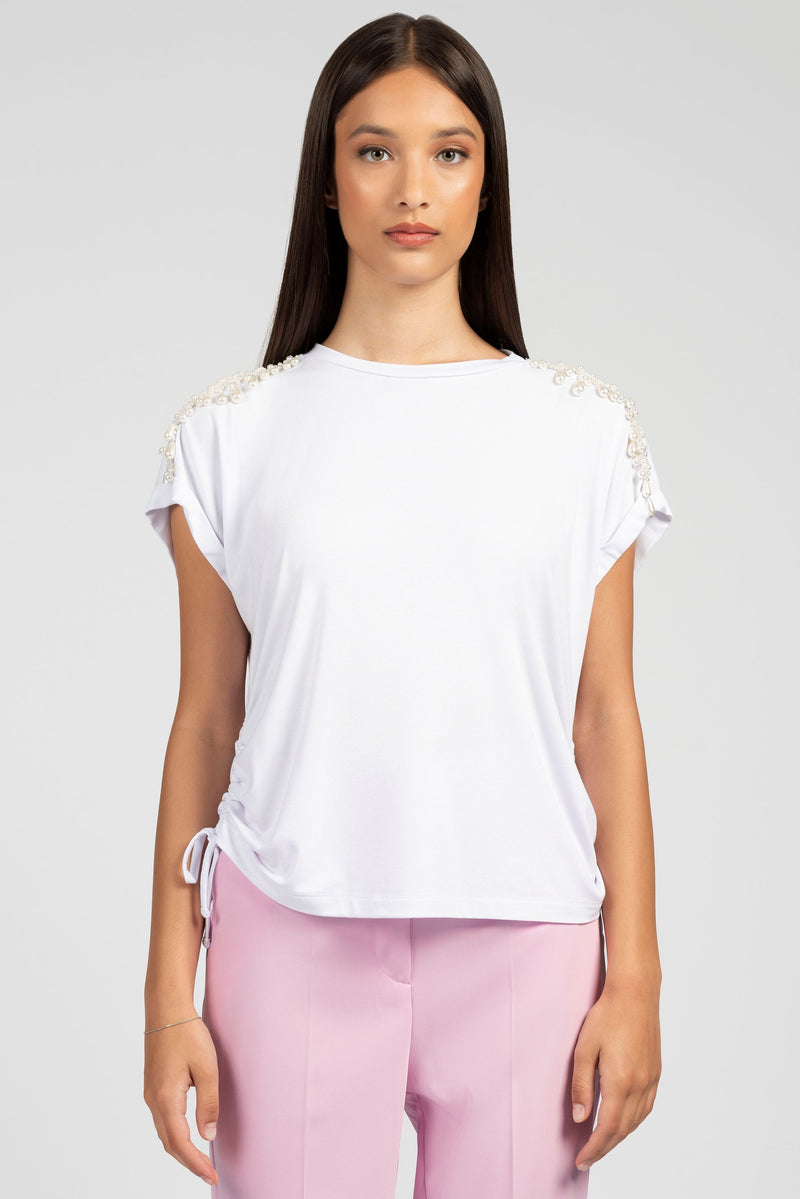 T-shirt in jersey di viscosa con passamaneria perle