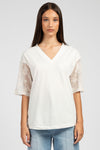 T-shirt scollo a V con inserti in pizzo