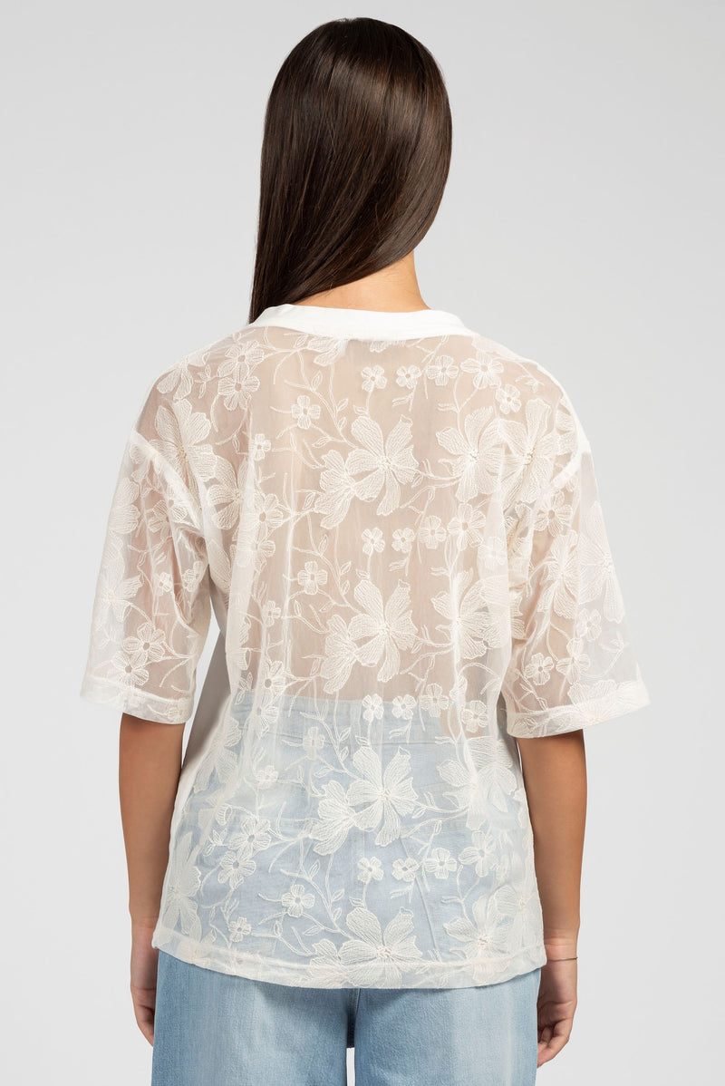 T-shirt scollo a V con inserti in pizzo