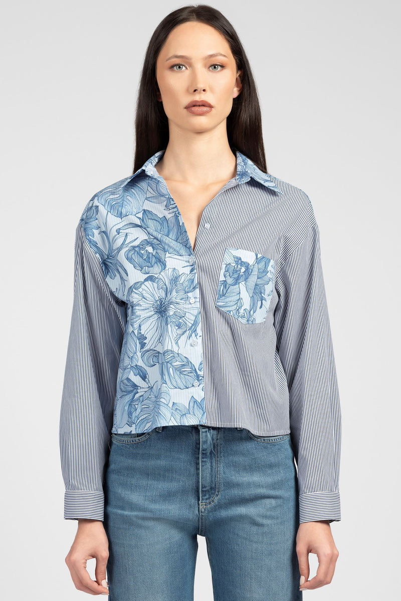 Camicia over in cotone stampa riga e fiore