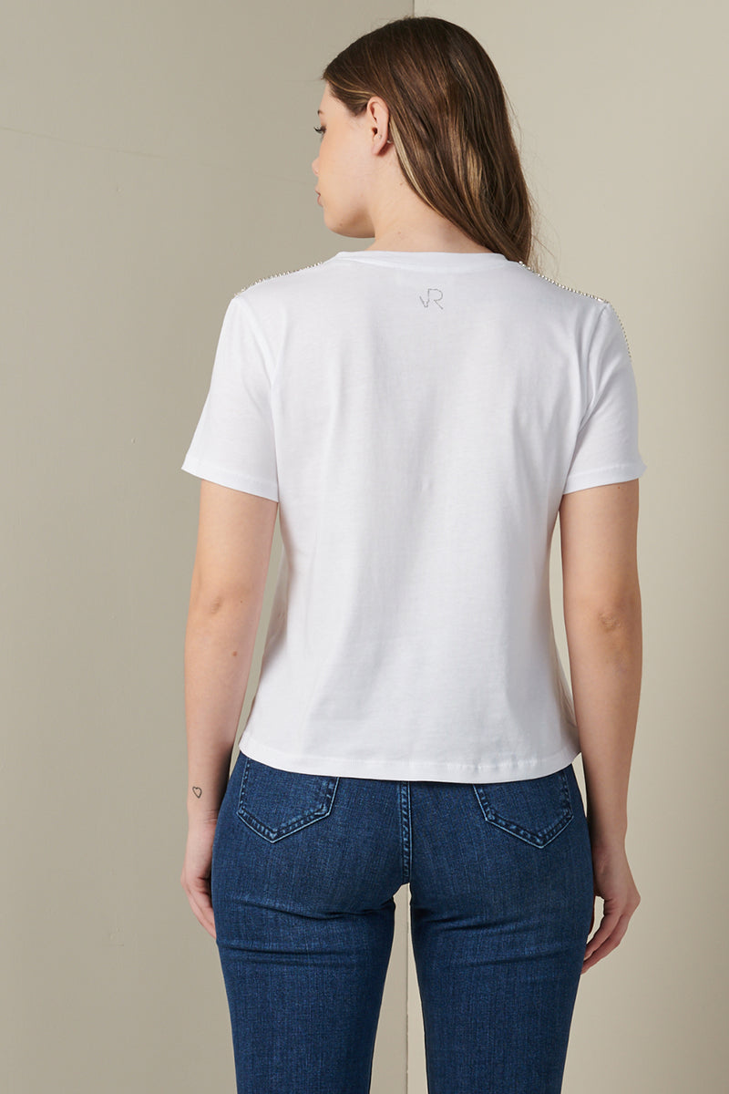 T-SHIRT CON FRANGIA STRASS SULLE SPALLE